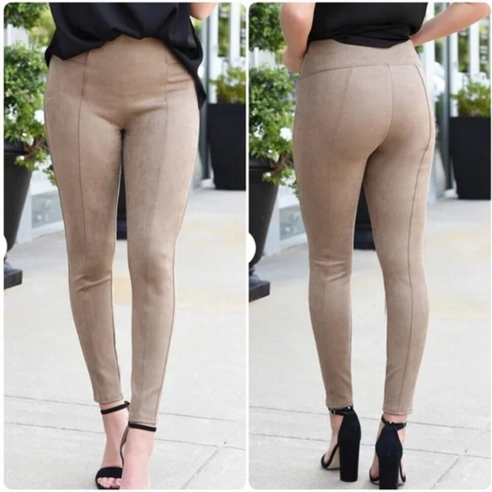 SPANX Faux Suede Leggings L Camel Tan Slimming Pull On Seamed Pants Women 20322R
